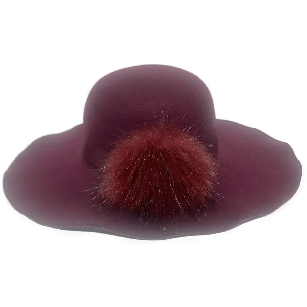 Torrid Wide-Brim Felt Hat With Fur Pom-Pom Deep Burgundy Purple Size S/M